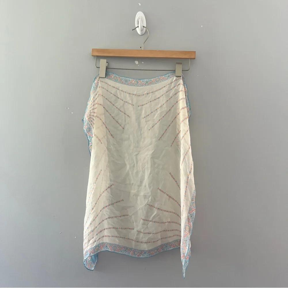 Vintage Square Silk Feel Scarf Sheer Blue Orange Floral Print Lightweight